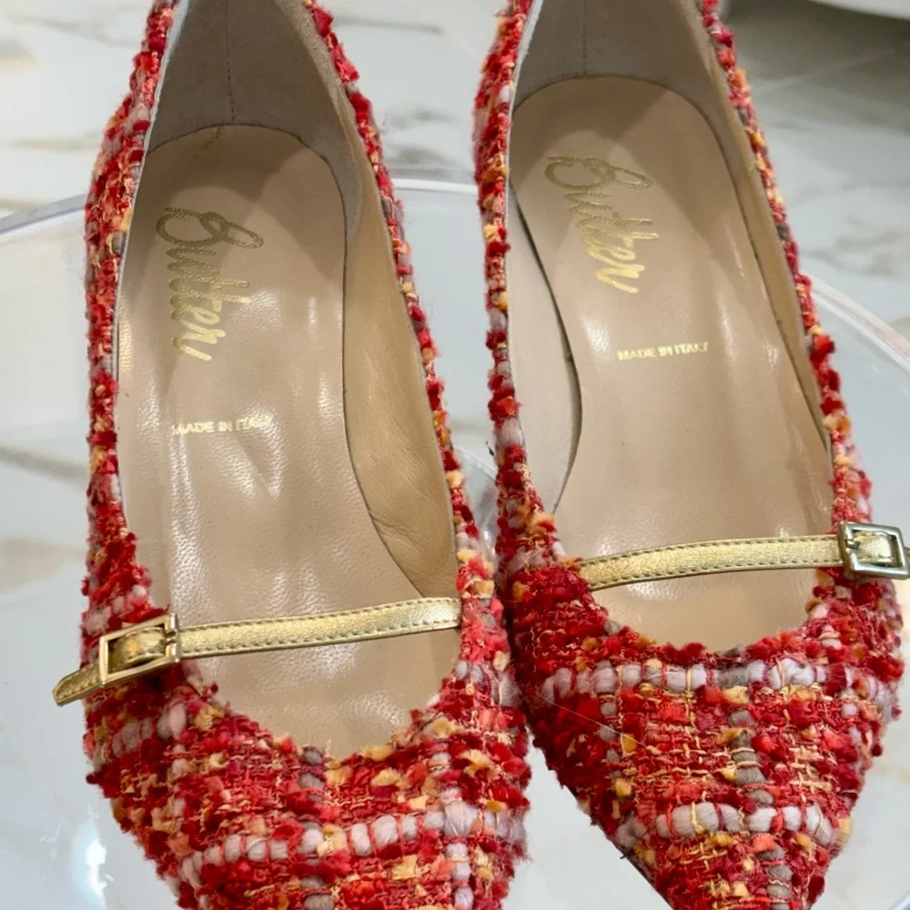 Butter Red Tweed Loafers with Gold Accent - Picture 2 of 6